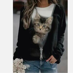 Cute Kitten Face Emerging from Black & White Long Sleeve Zipper Top - 5XL